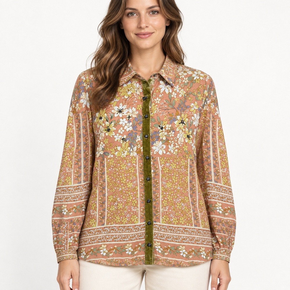 Aratta Silent Journey Floral Embroidered Mesh Back Velvet Trim Button Down Top